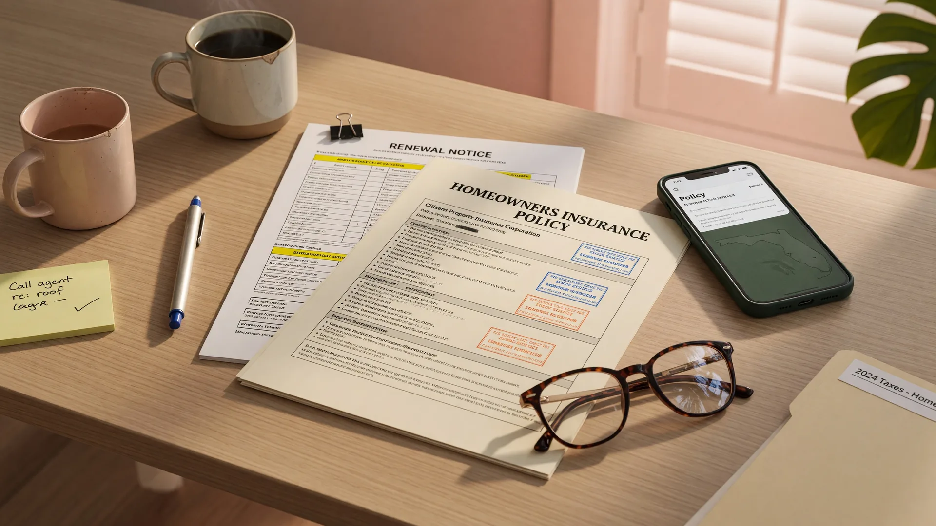 Insurance documents and smartphone on a desk