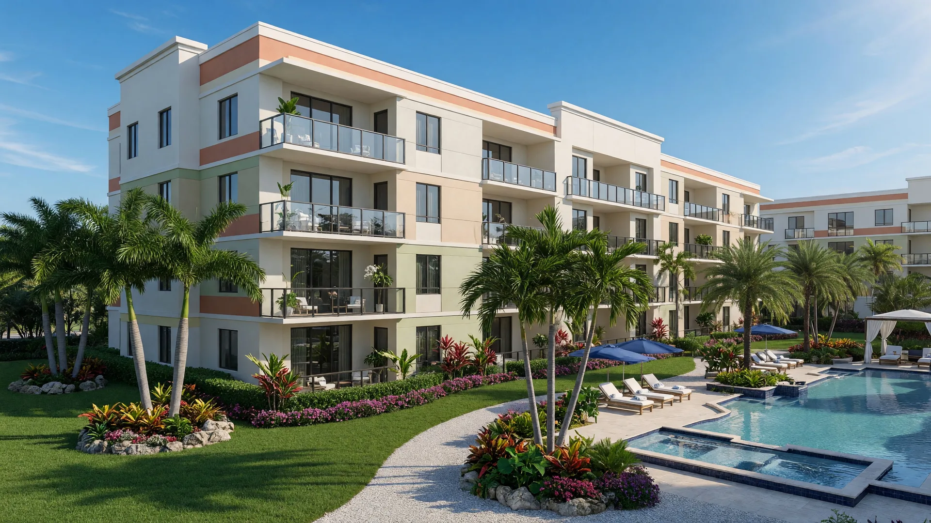 Luxury condominium and townhome community in East Boca Raton, Florida with resort-style pool, tropical landscaping, and Mediterranean architecture
