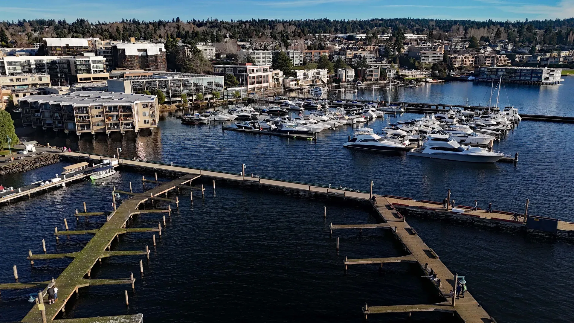 Aerial view of the Kirkland waterfront marina on Lake Washington
