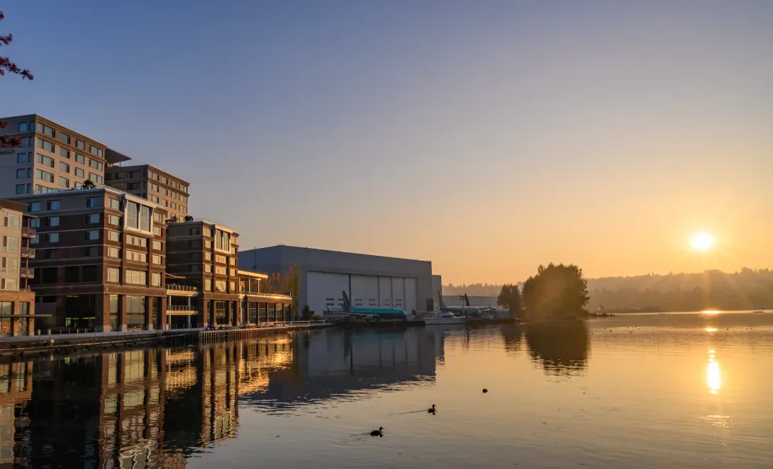 Renton waterfront with Boeing factory in background along Lake Washington