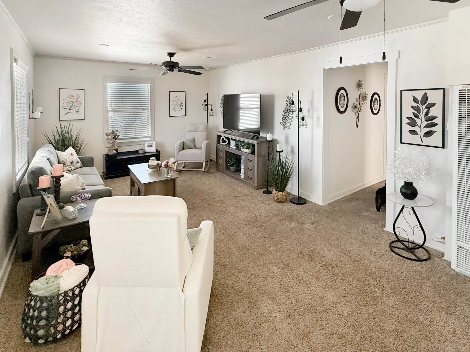 Apartment living area with neutral carpeting, overhead lighting, and traditional furnishings