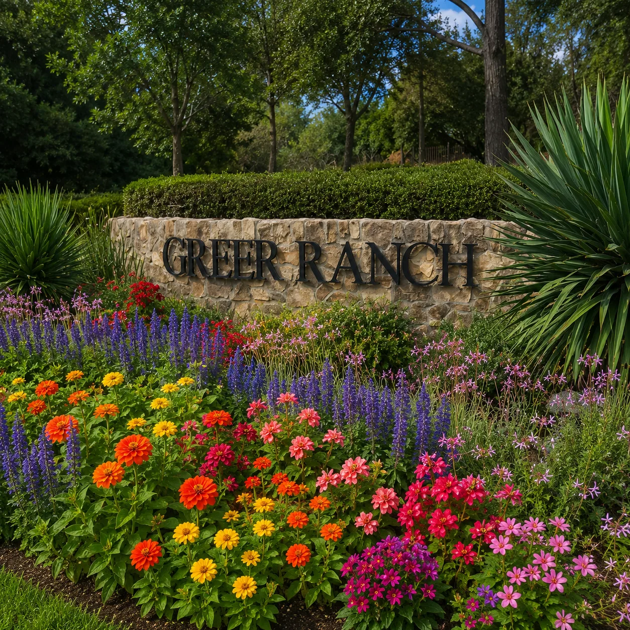 Stone monument sign reading Greer Ranch surrounded by lush landscaping and colorful flowers in Murrieta California