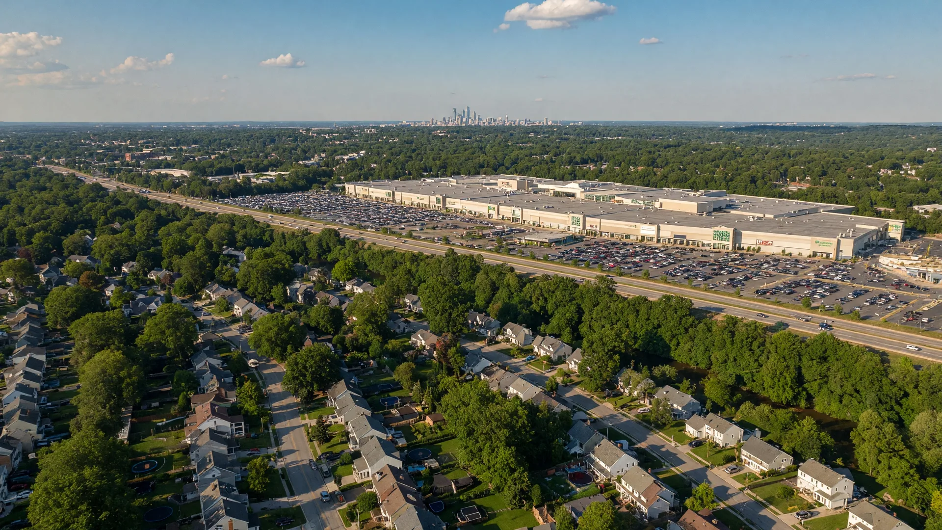 Aerial view of King of Prussia, Pennsylvania with suburban neighborhoods and the mall district