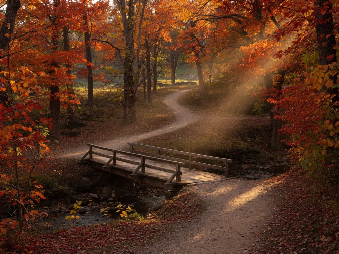 Autumn trail through Valley Forge National Historical Park with a wooden bridge over a creek