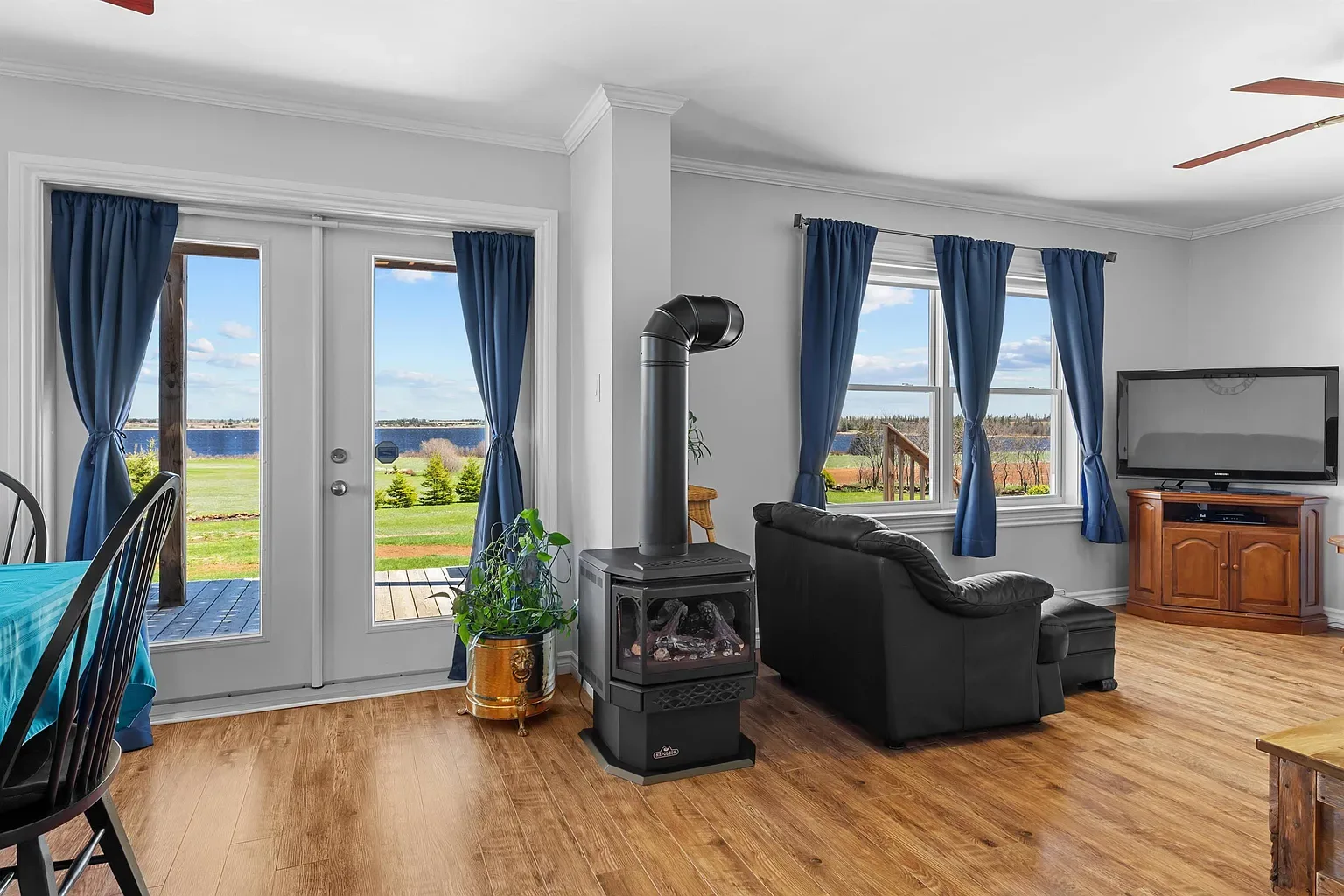 Living room with open concept and bay views