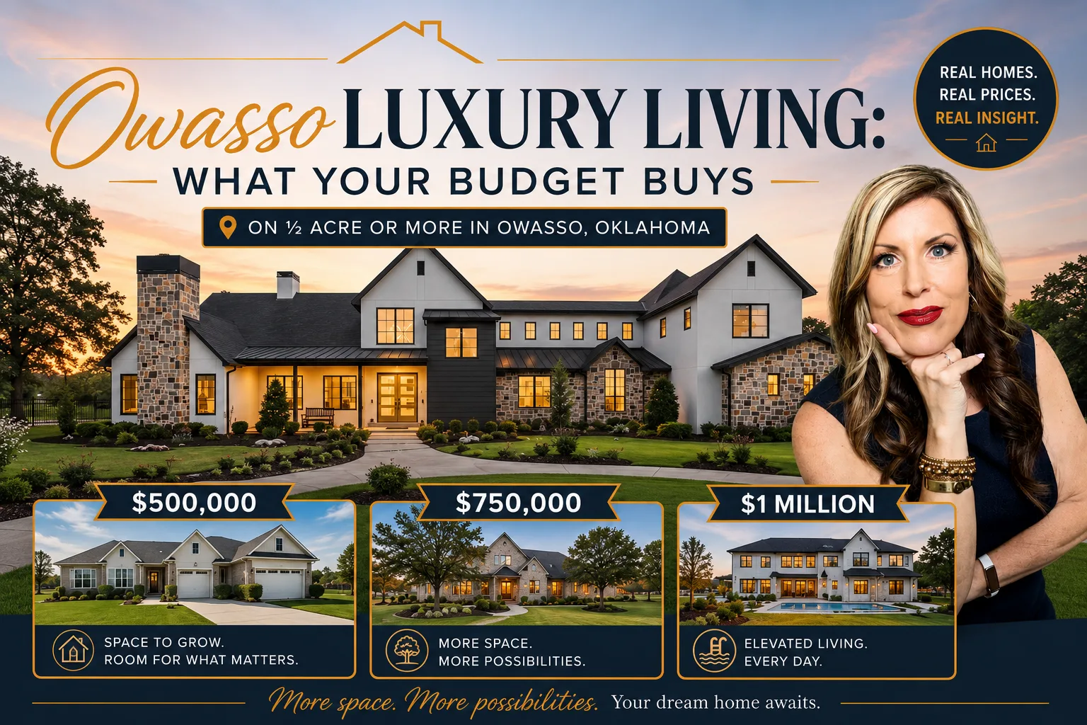 A real estate marketing collage showcasing Owasso Oklahoma homes on large lots and acreage properties