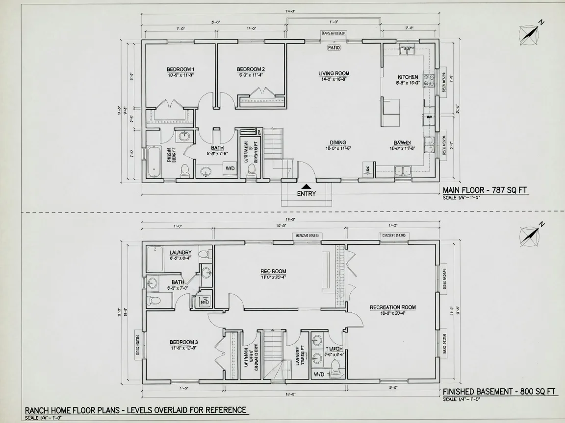 Comprehensive floor plan diagram showing both the main level and finished basement level side by side