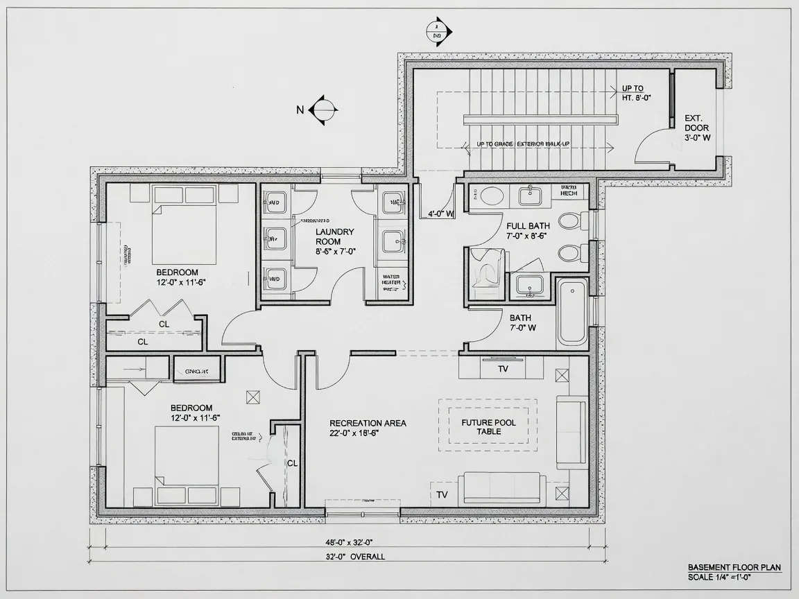 Architectural floor plan of the finished basement — recreation room, bedroom with egress window, full bathroom, laundry, and walk-up access at 800 sq ft