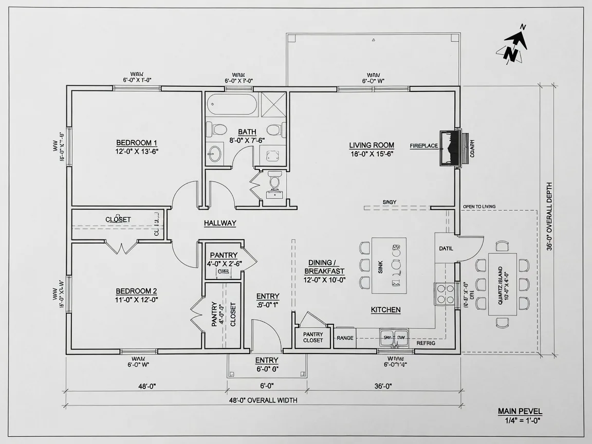Architectural floor plan of the main level — 2 bedrooms, 1 bathroom, living room, kitchen, and dining area at 787 sq ft