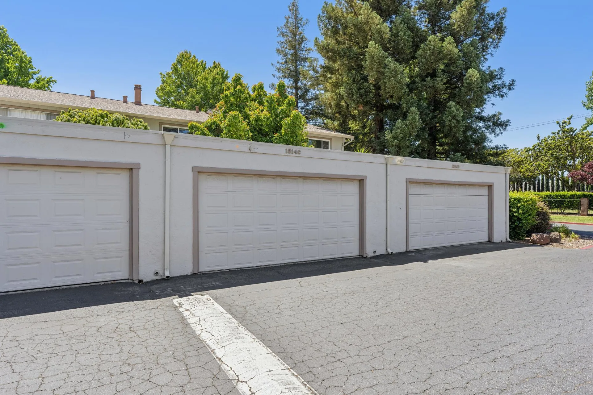 Row of detached garages with white stucco walls and tree canopy