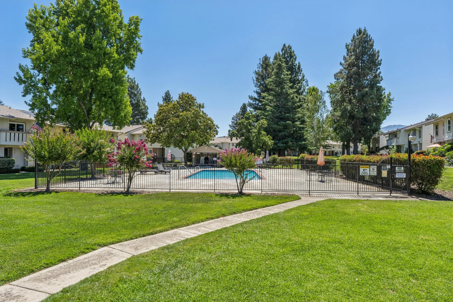Pool area with mature oak trees, fencing, and patio umbrellas