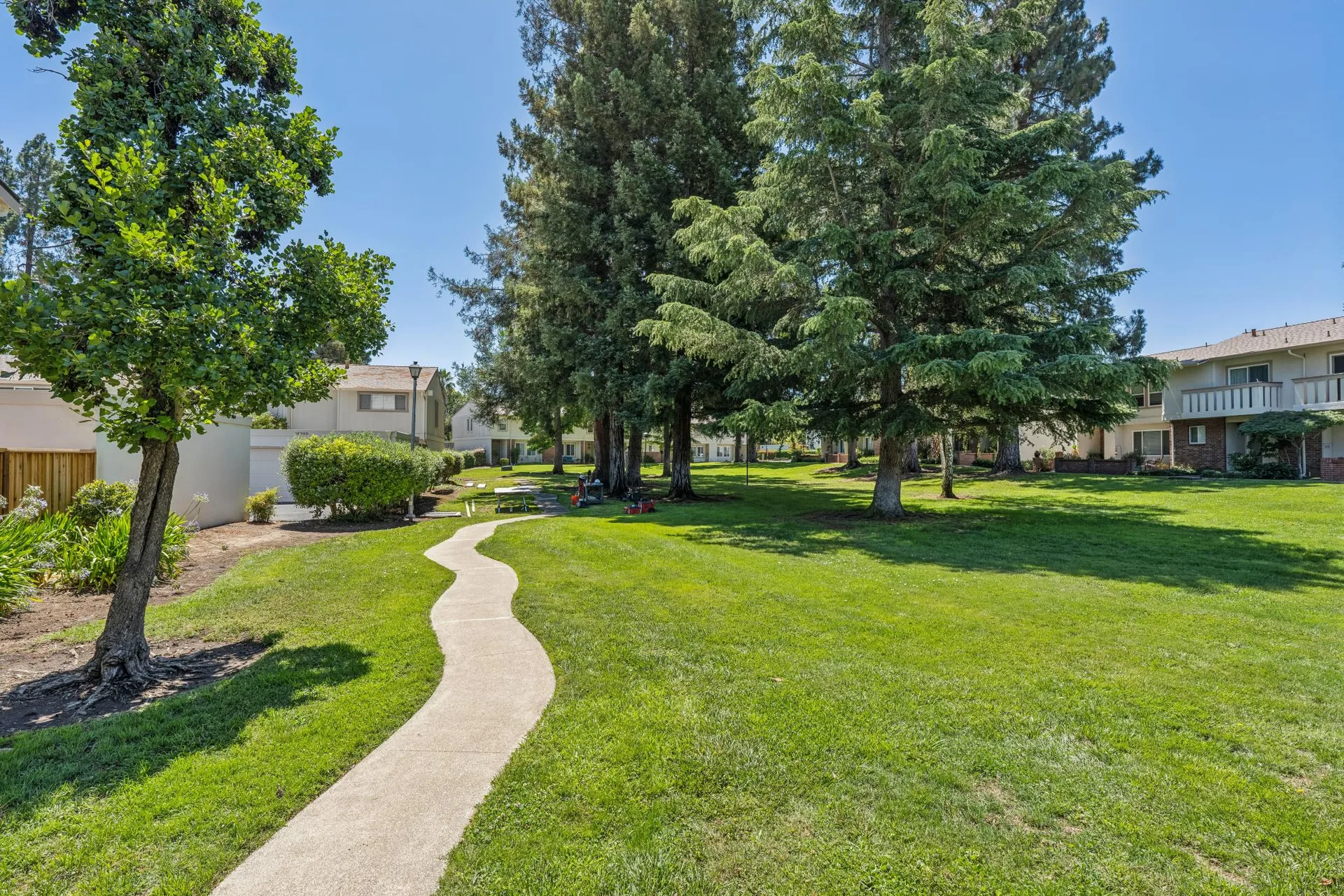 Green community pathways and mature trees in the Oak Glen neighborhood of Concord
