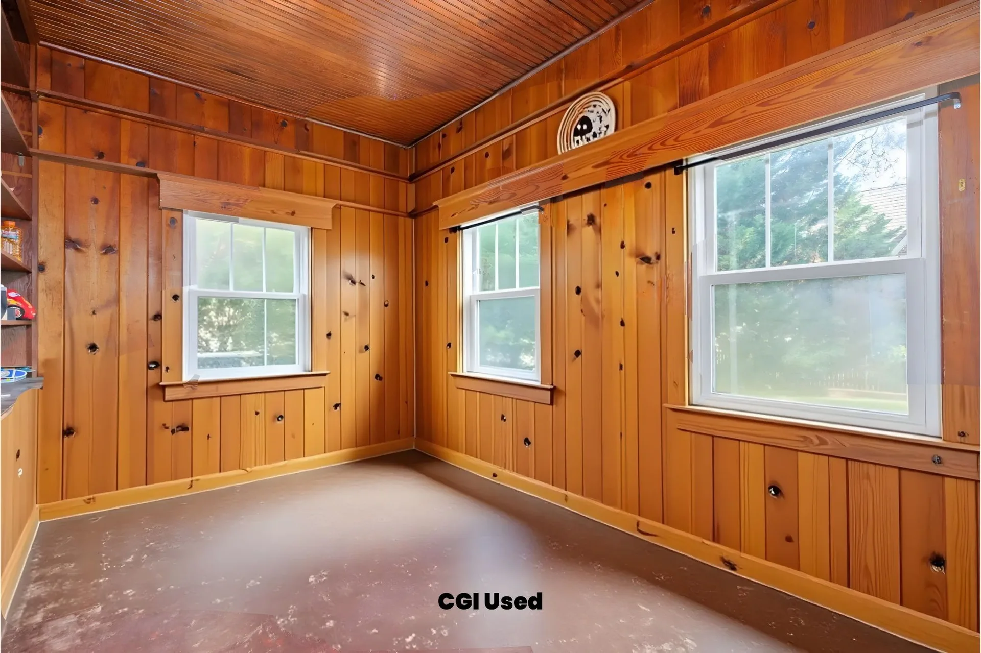 Bonus room with vertical knotty pine paneling