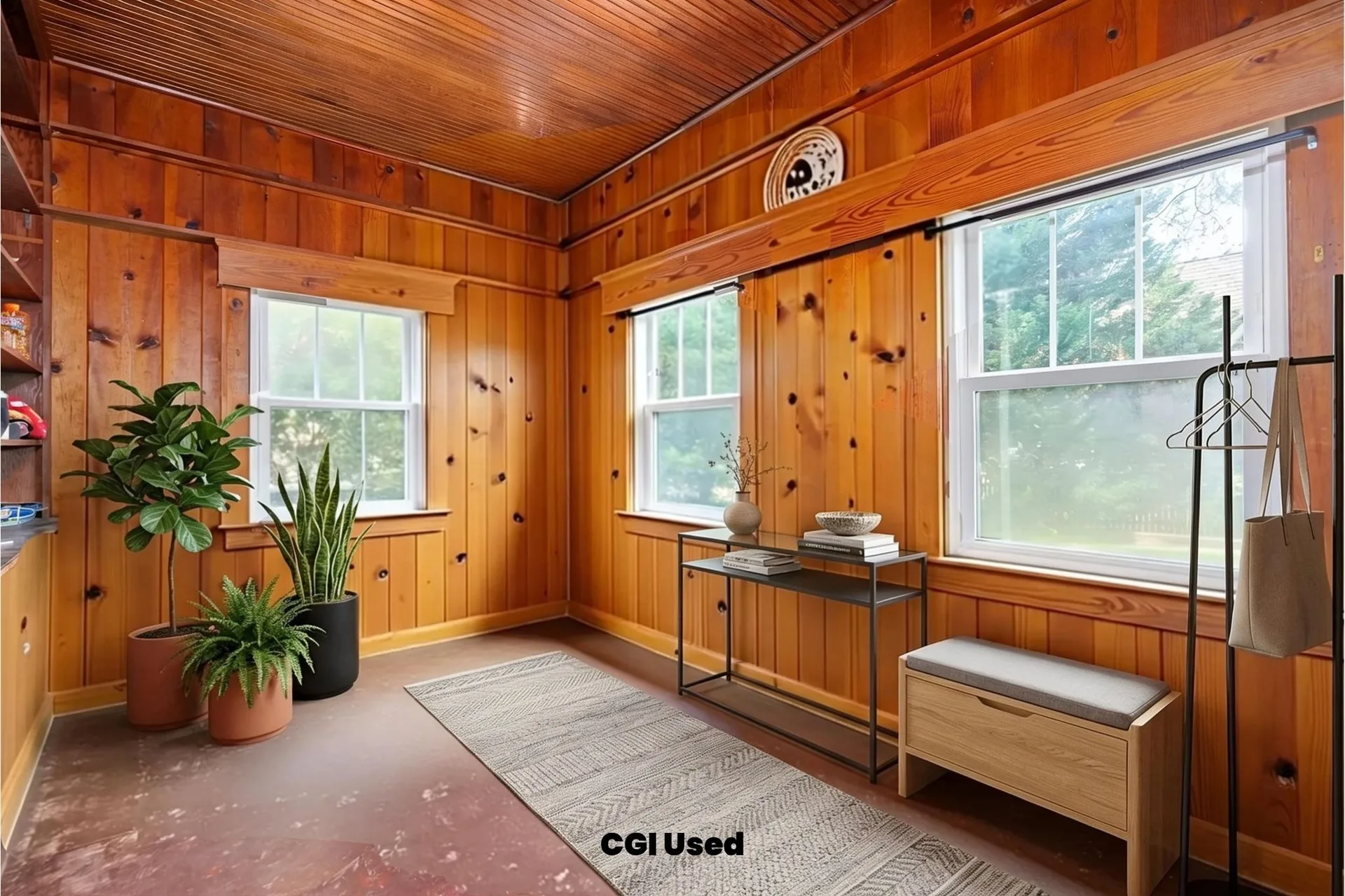 Flex room with pine paneling and tongue-and-groove ceiling
