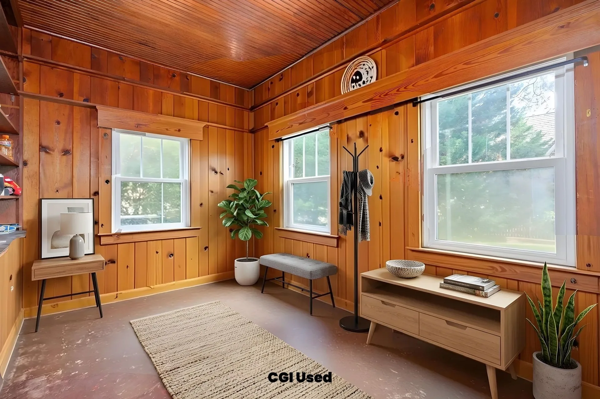 Flex space with knotty pine walls and plank ceiling
