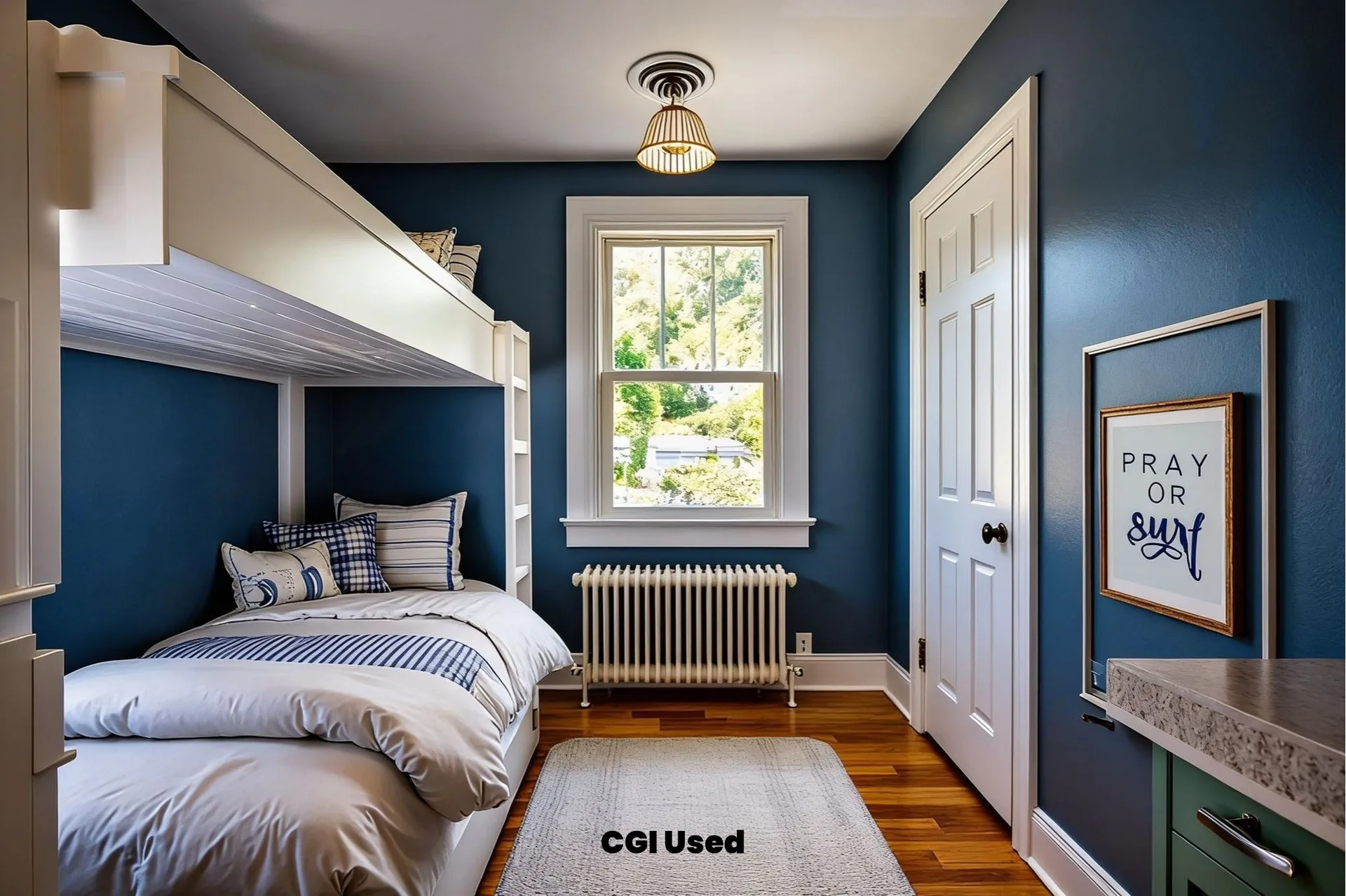 Bedroom with deep blue walls and built-in bunk bed