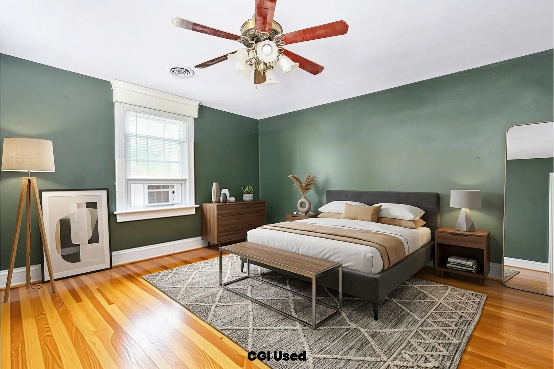 Primary bedroom with sage green accent walls