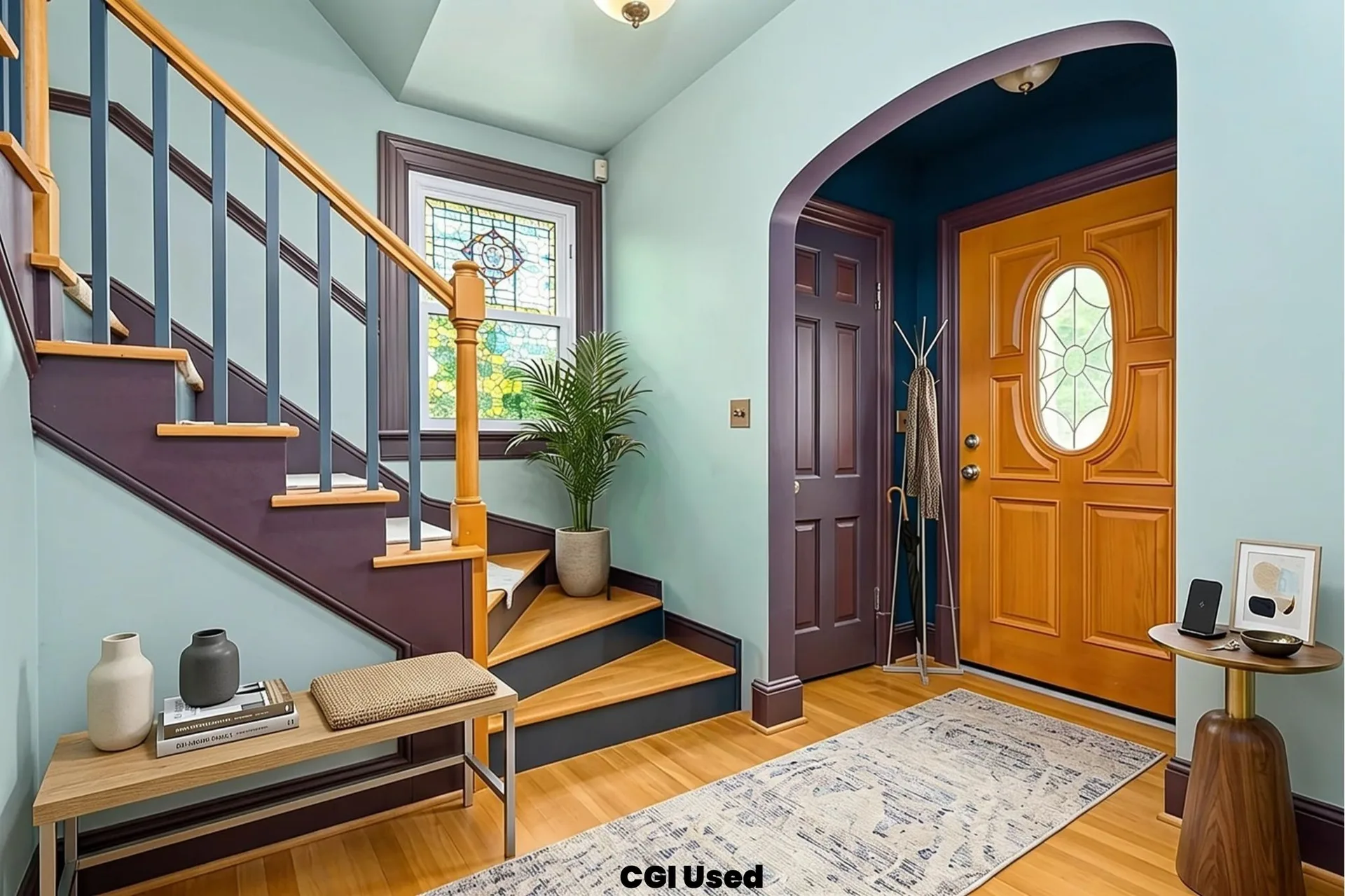 Entryway and staircase with color-blocked walls