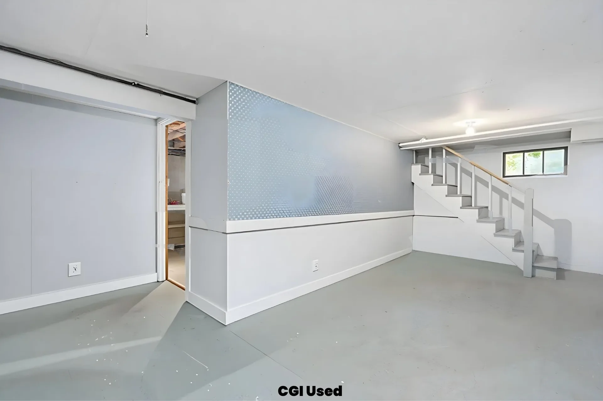 Finished basement recreation area with minimalist style
