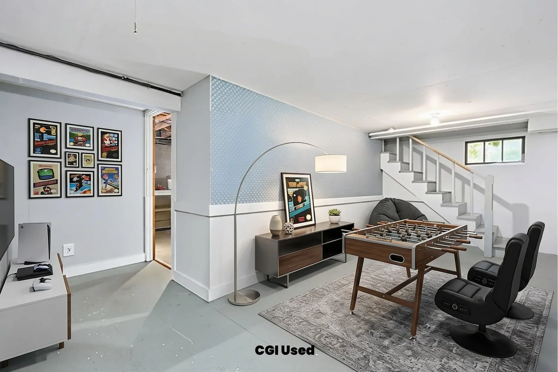 Basement rec room with beadboard wainscoting