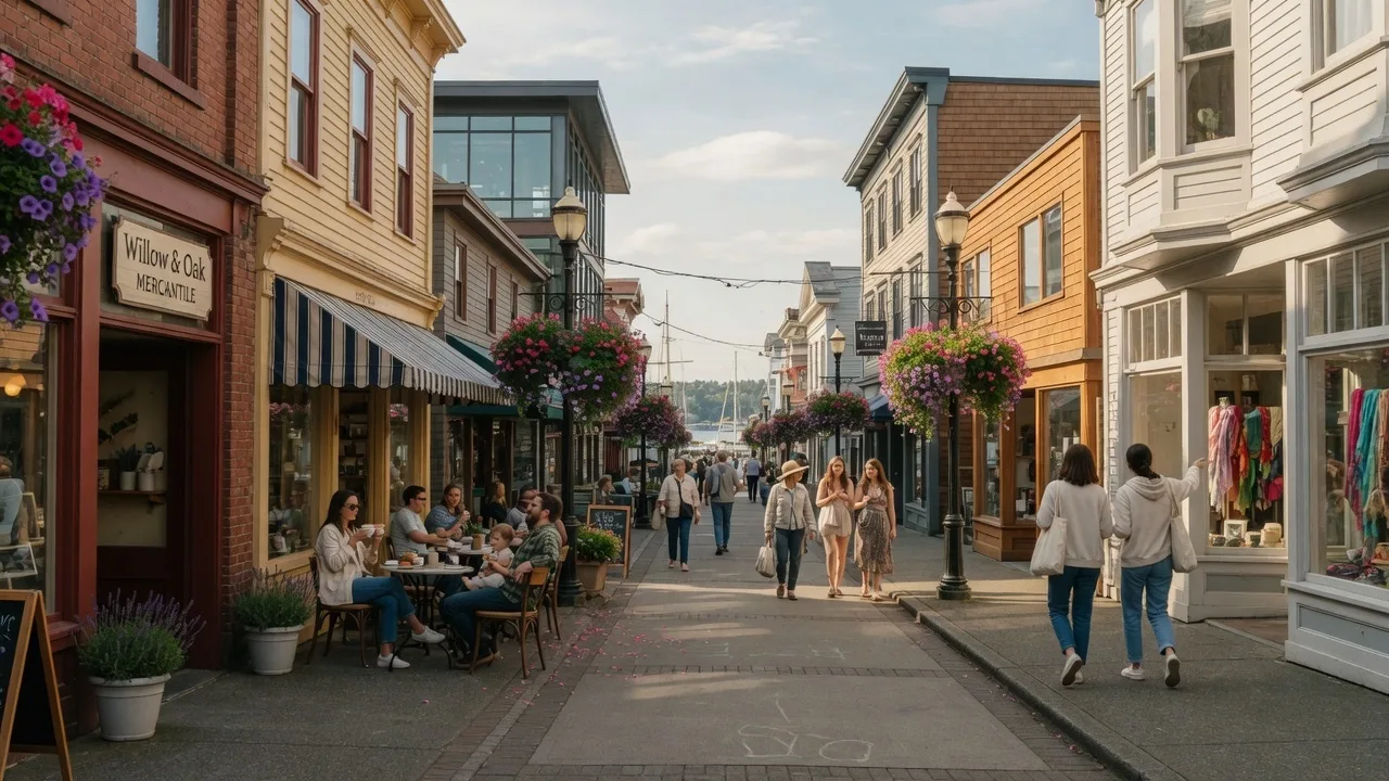 Vic West village street with boutique shops and cafés