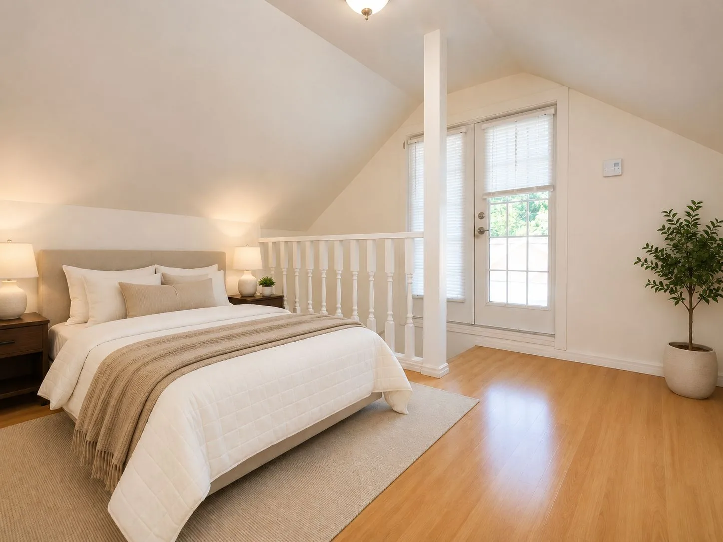 Master bedroom with sloped ceiling and balcony access