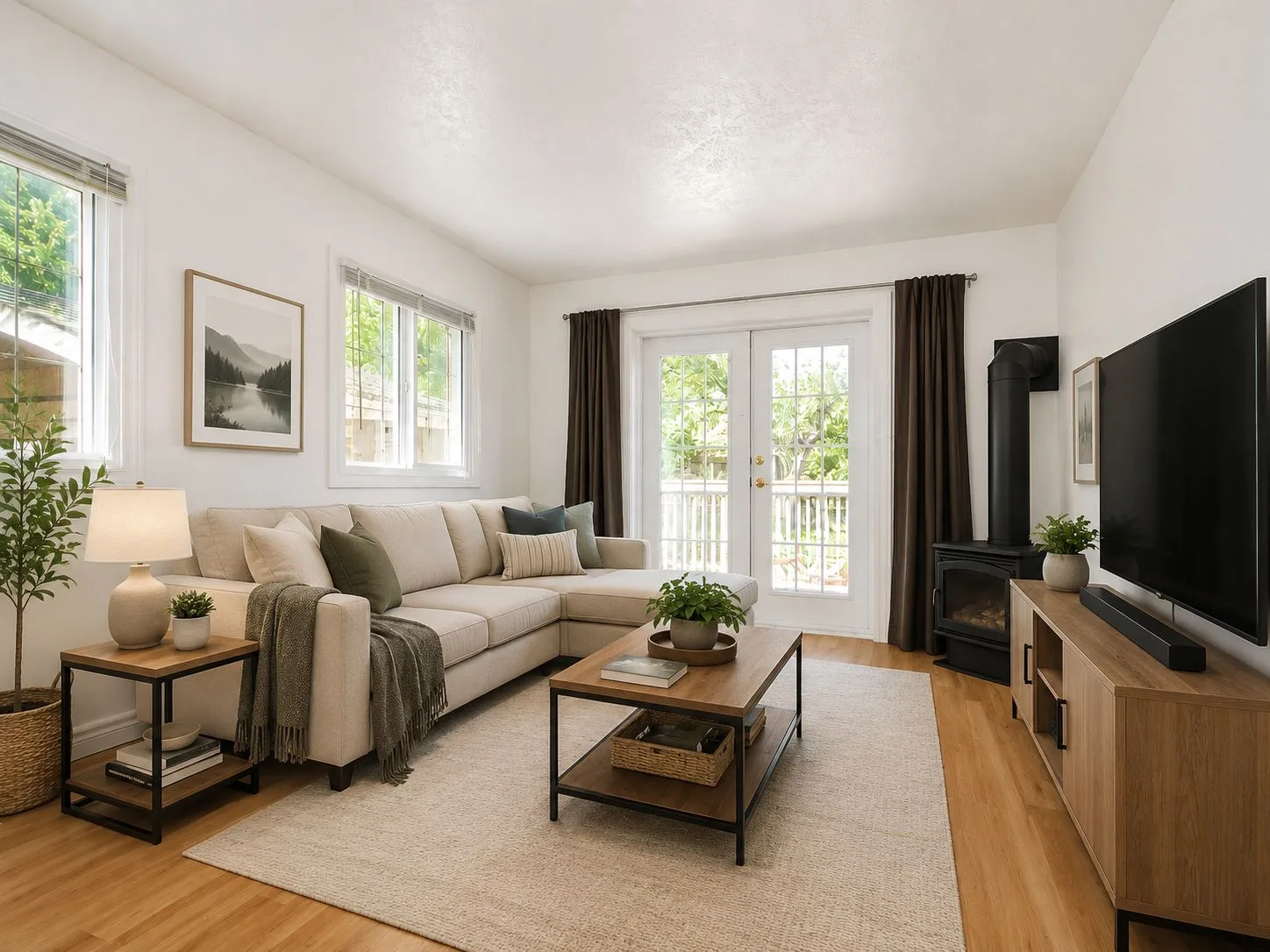 Living room with freestanding fireplace and large windows
