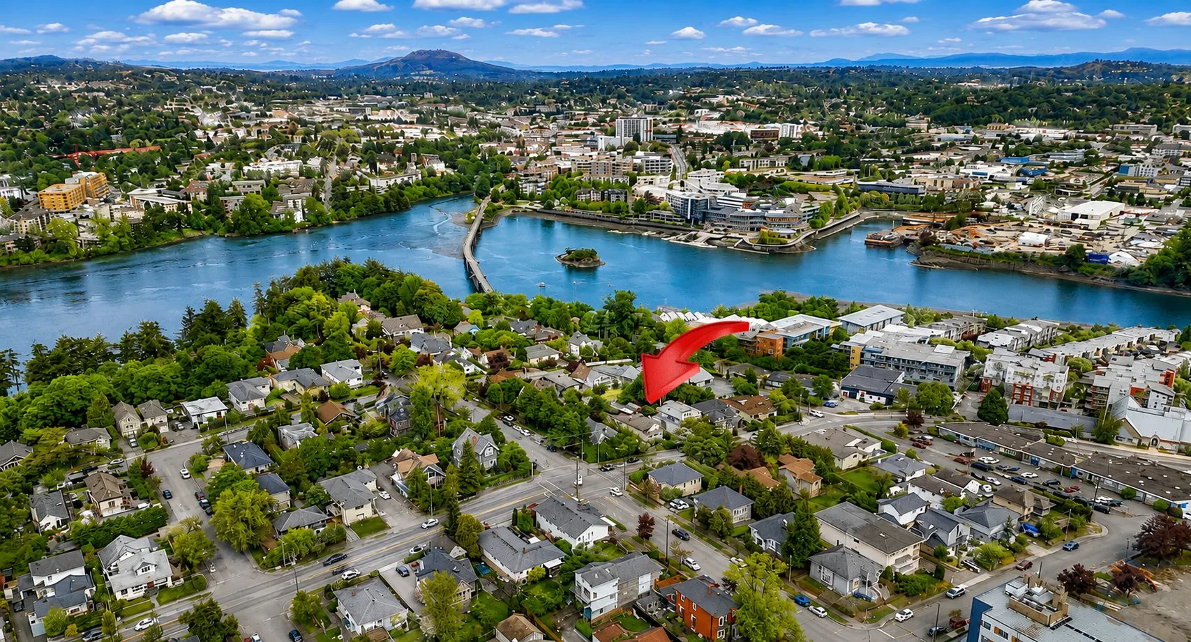 Aerial view of the neighborhood and property location