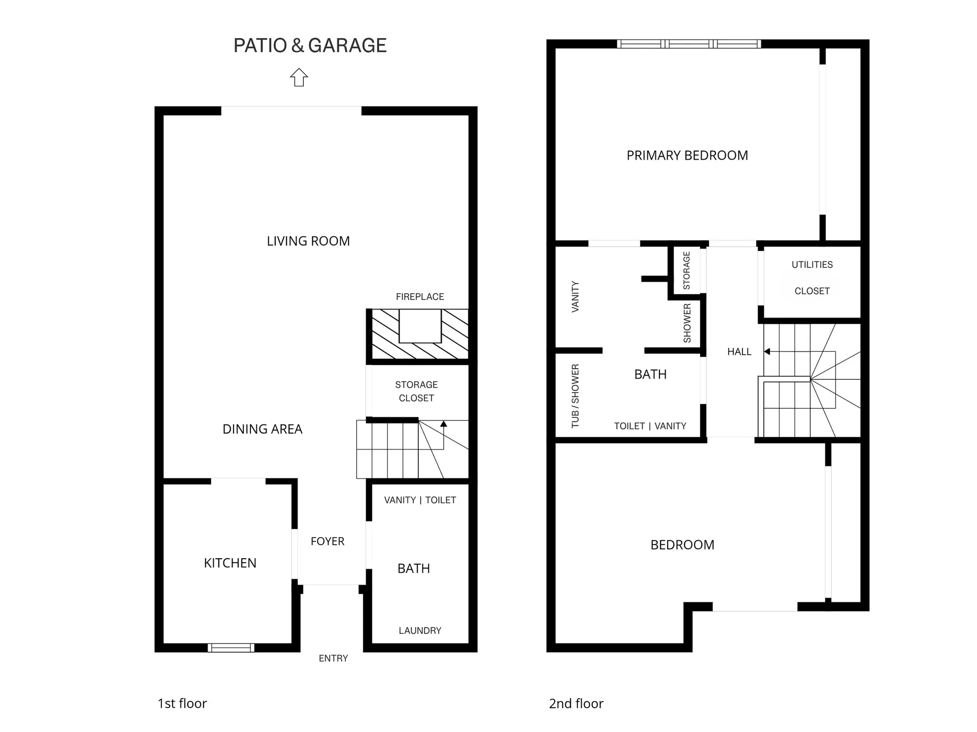 Two-story floor plan showing first-floor kitchen, dining, living room, half bath, laundry, and second-floor primary bedroom, second bedroom, and full bath