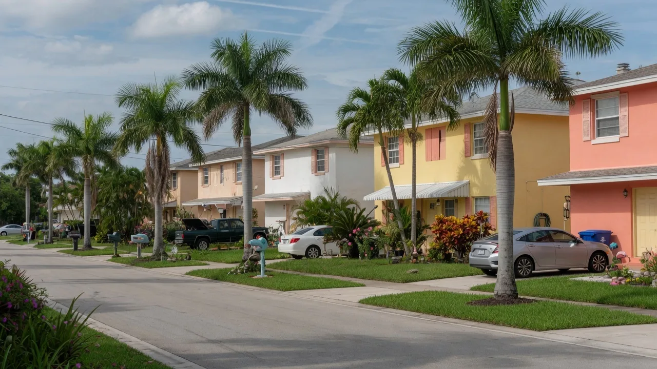 Residential street in Delray Beach with palm trees and stucco homes