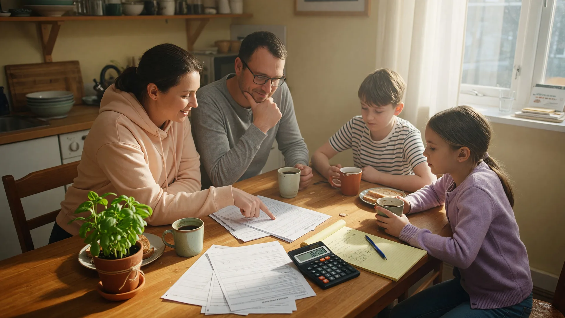 Mortgage paperwork and calculator on a kitchen table