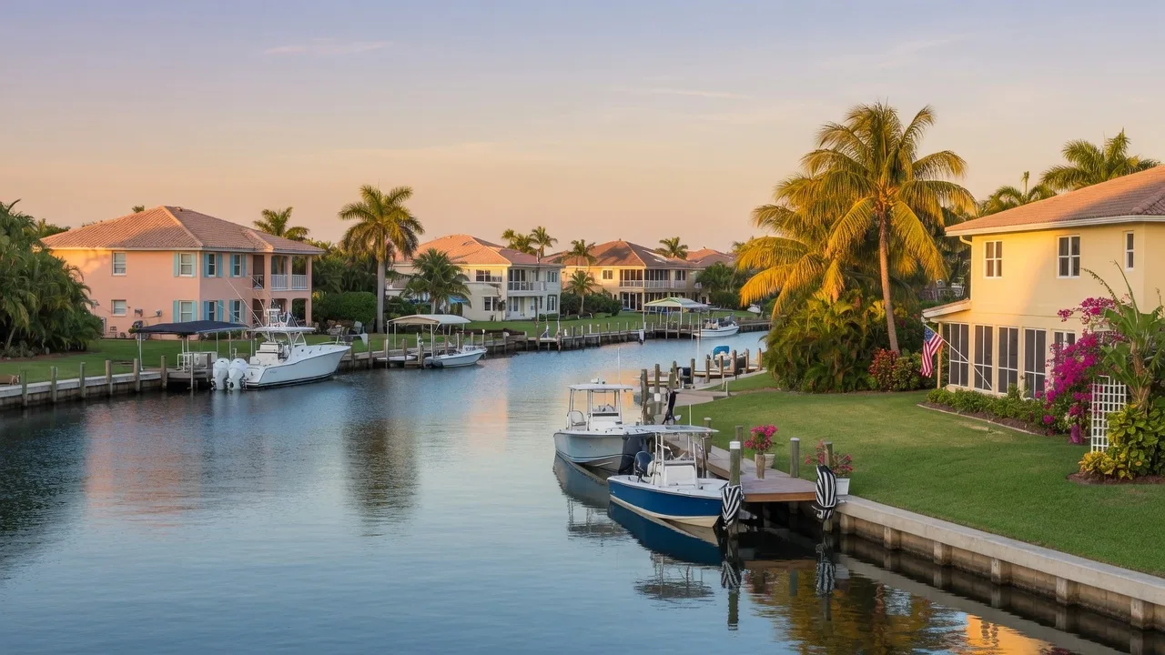Quiet residential canal in Lighthouse Point with private boat docks and waterfront homes