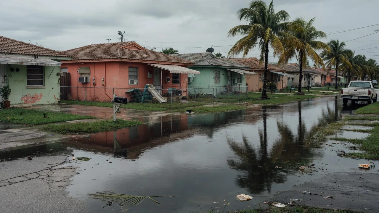 Residential street with standing water after heavy rain