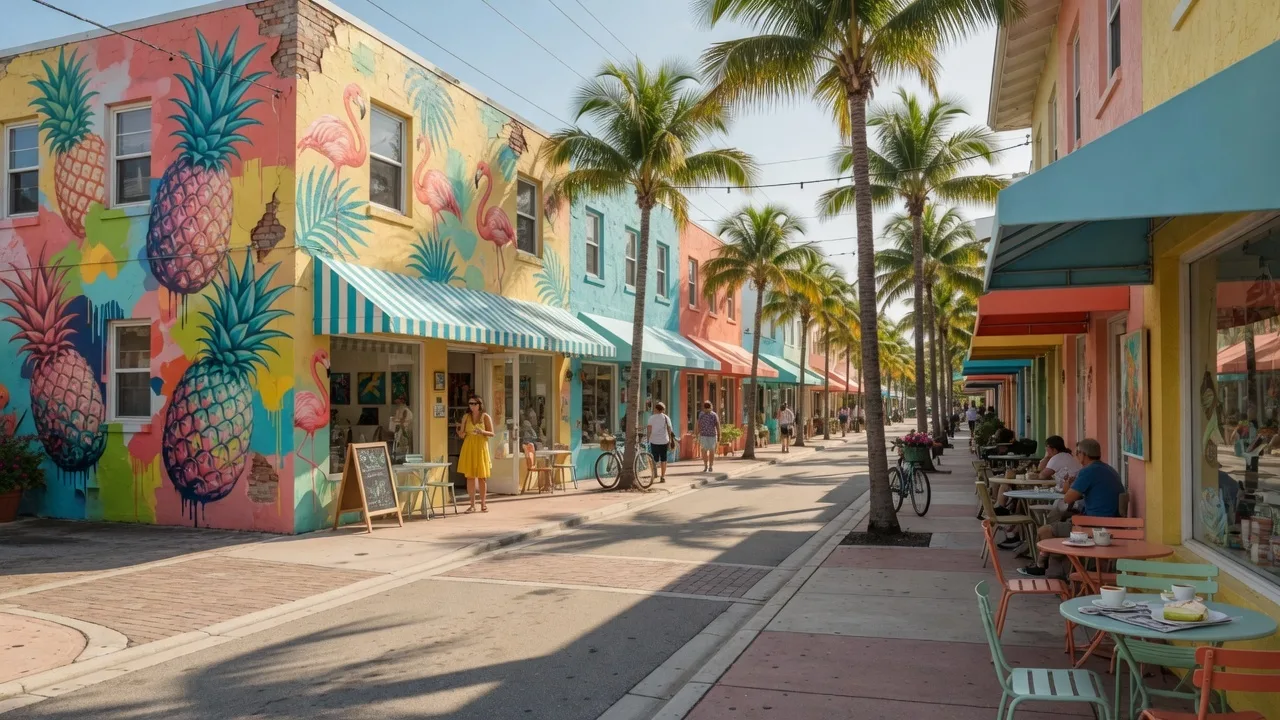 Pineapple Grove Arts District in Delray Beach with street murals and cafes