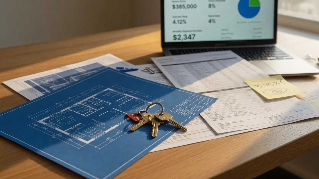 House keys with financial documents and mortgage calculator on laptop
