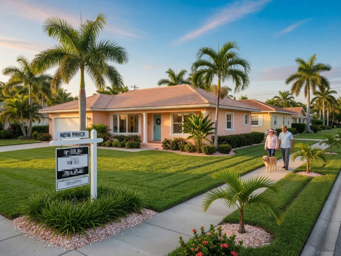 For Sale sign in front of a well-maintained South Florida home with palm trees