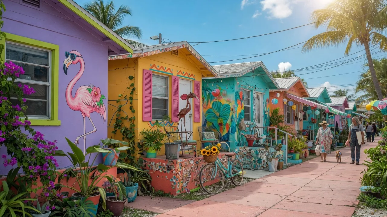 Colorful Lake Worth Beach neighborhood with artistic bungalows and tropical plants