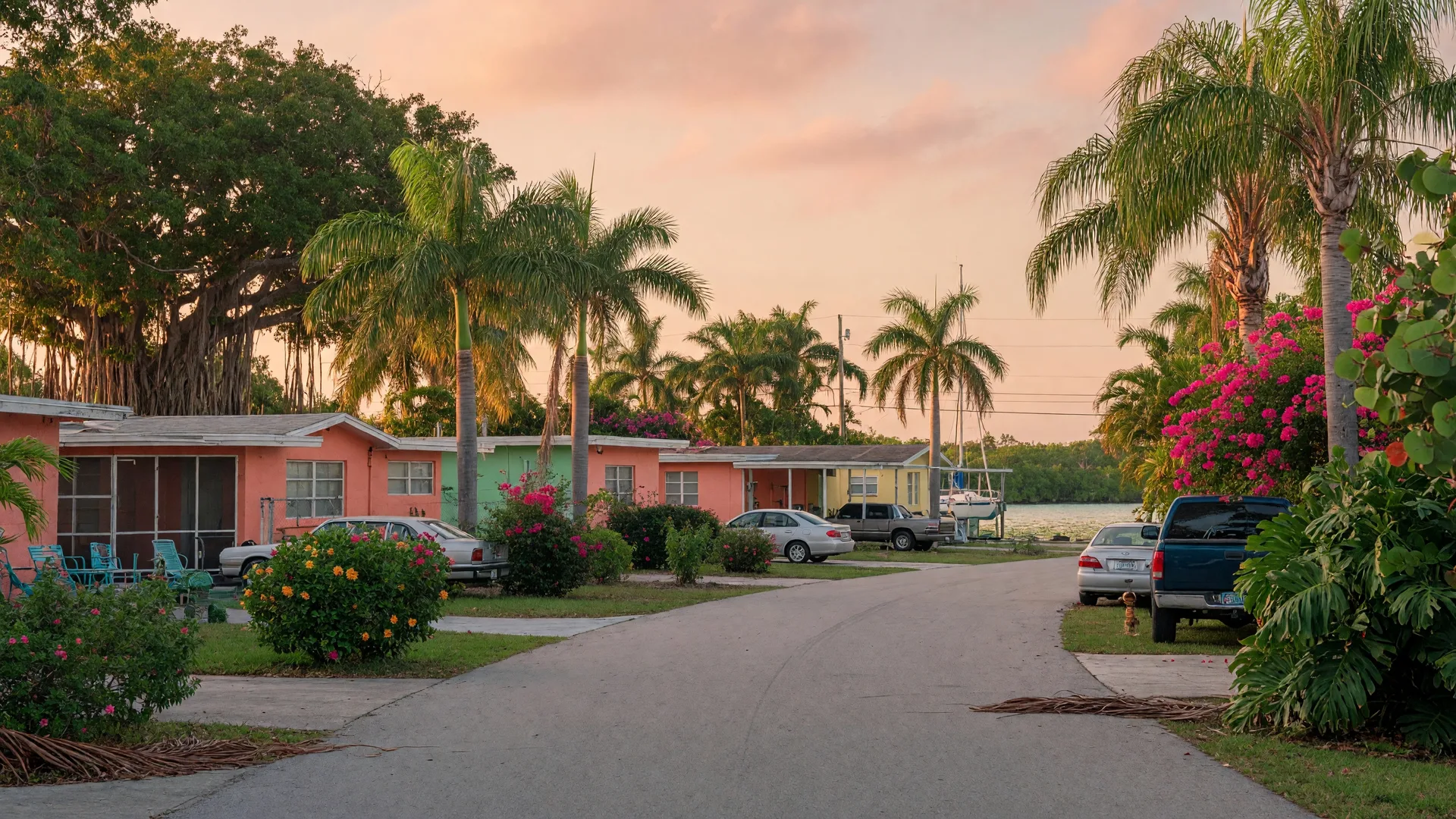 Quiet residential street in Hypoluxo, Florida with palm trees and Old Florida charm