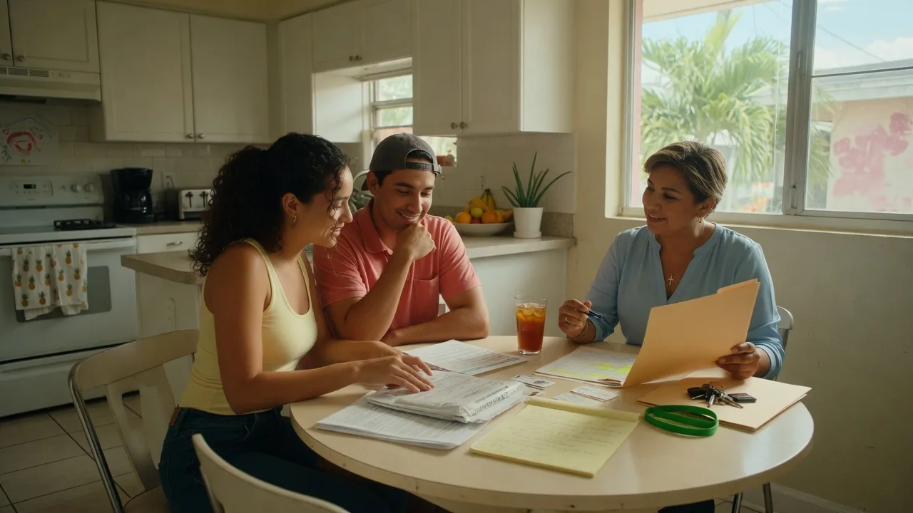 Ryan Parker helping clients review real estate documents at a kitchen table