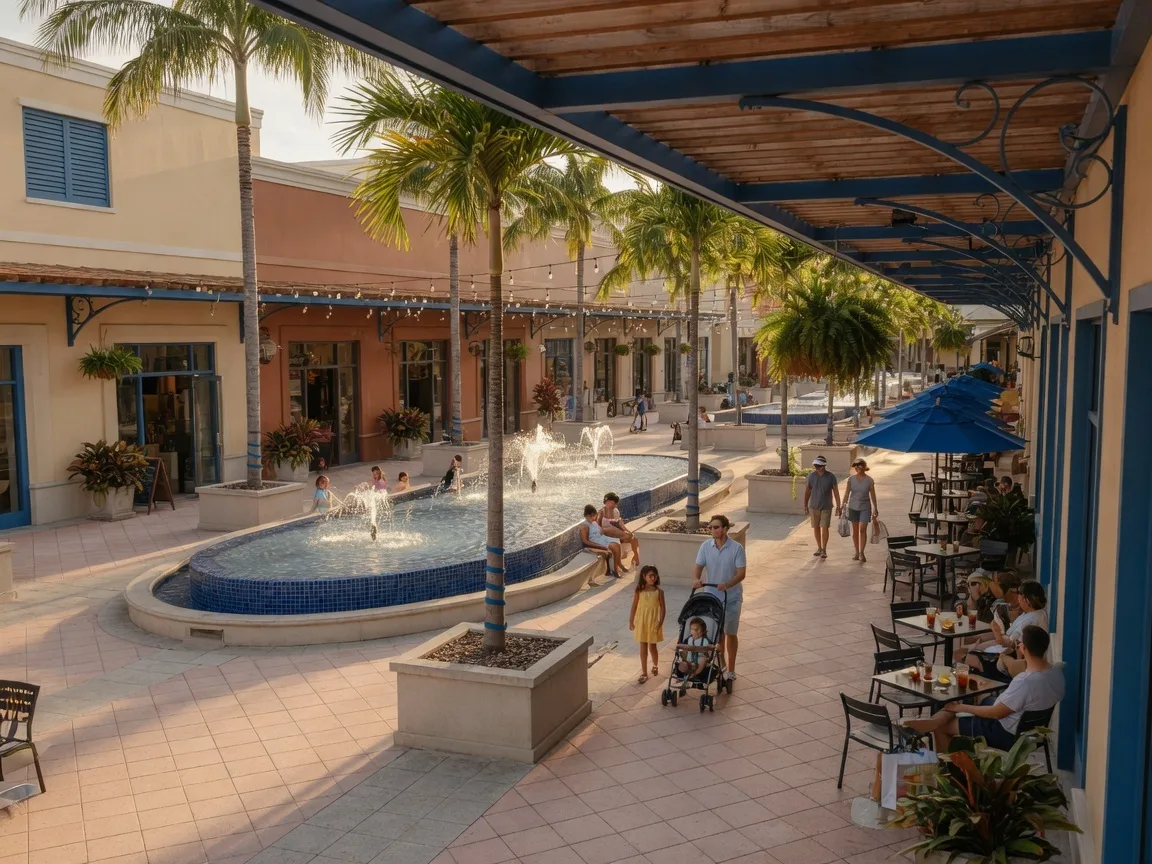 Promenade at Coconut Creek outdoor shopping center with palm trees, covered walkways, cafes, and fountains on a sunny Florida afternoon