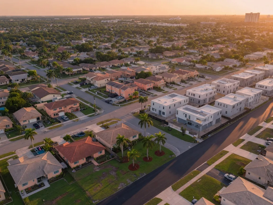 Aerial view of a South Florida residential neighborhood with new development