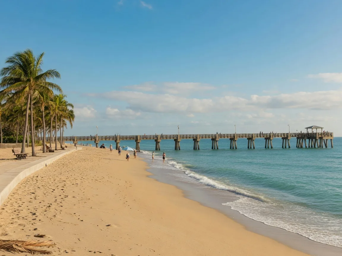 Pompano Beach shoreline with golden sand, pier, palm trees and calm turquoise waters on a sunny day