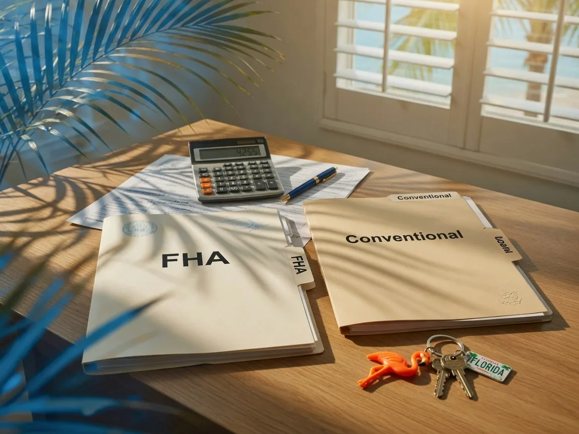 Two loan folders marked FHA and Conventional on a desk with a calculator and a Florida home keychain