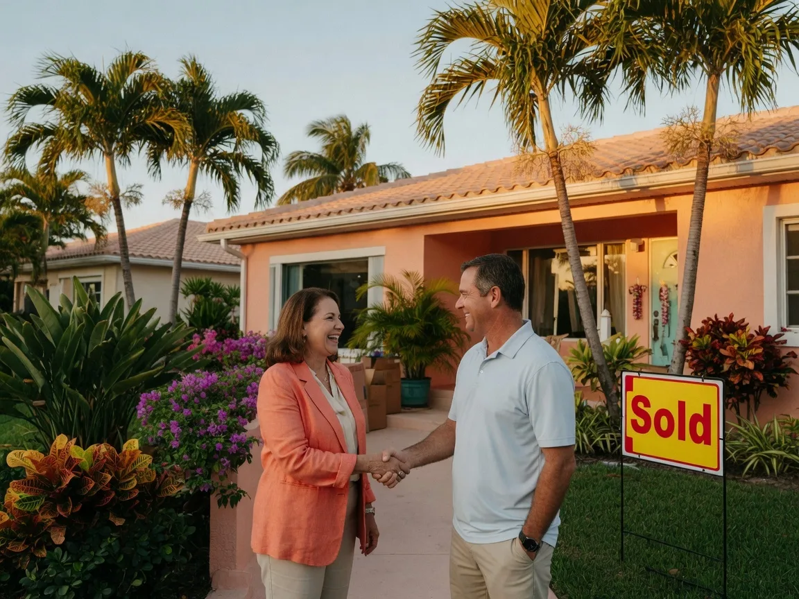 Real estate agent shaking hands with a homeowner in front of a home with a Sold sign