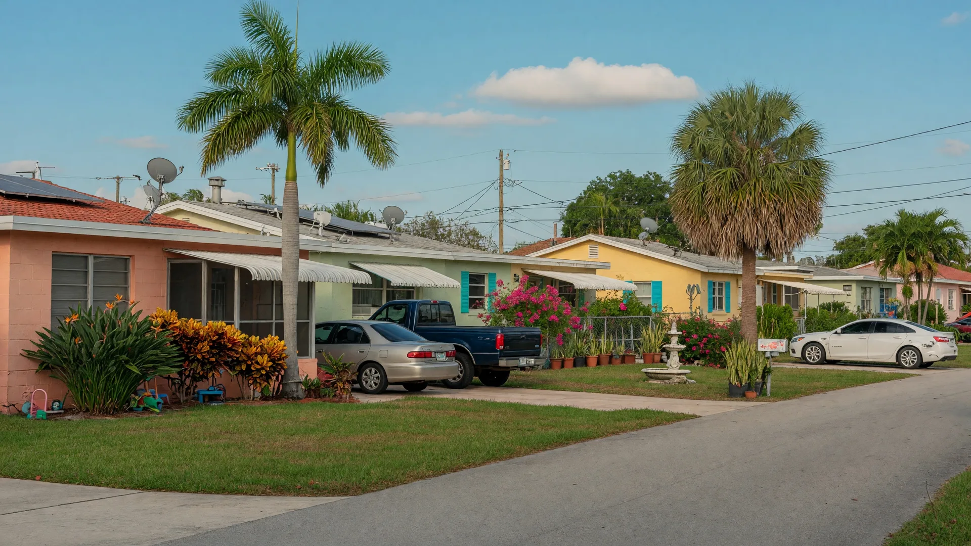 Quiet residential street in Boynton Beach with modest homes, palm trees, and tropical landscaping