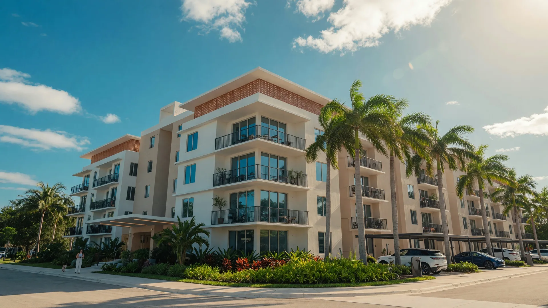 Modern South Florida multi-family residential apartment building with palm trees