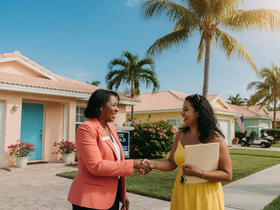 Real estate agent greeting a homebuyer outside a Florida home