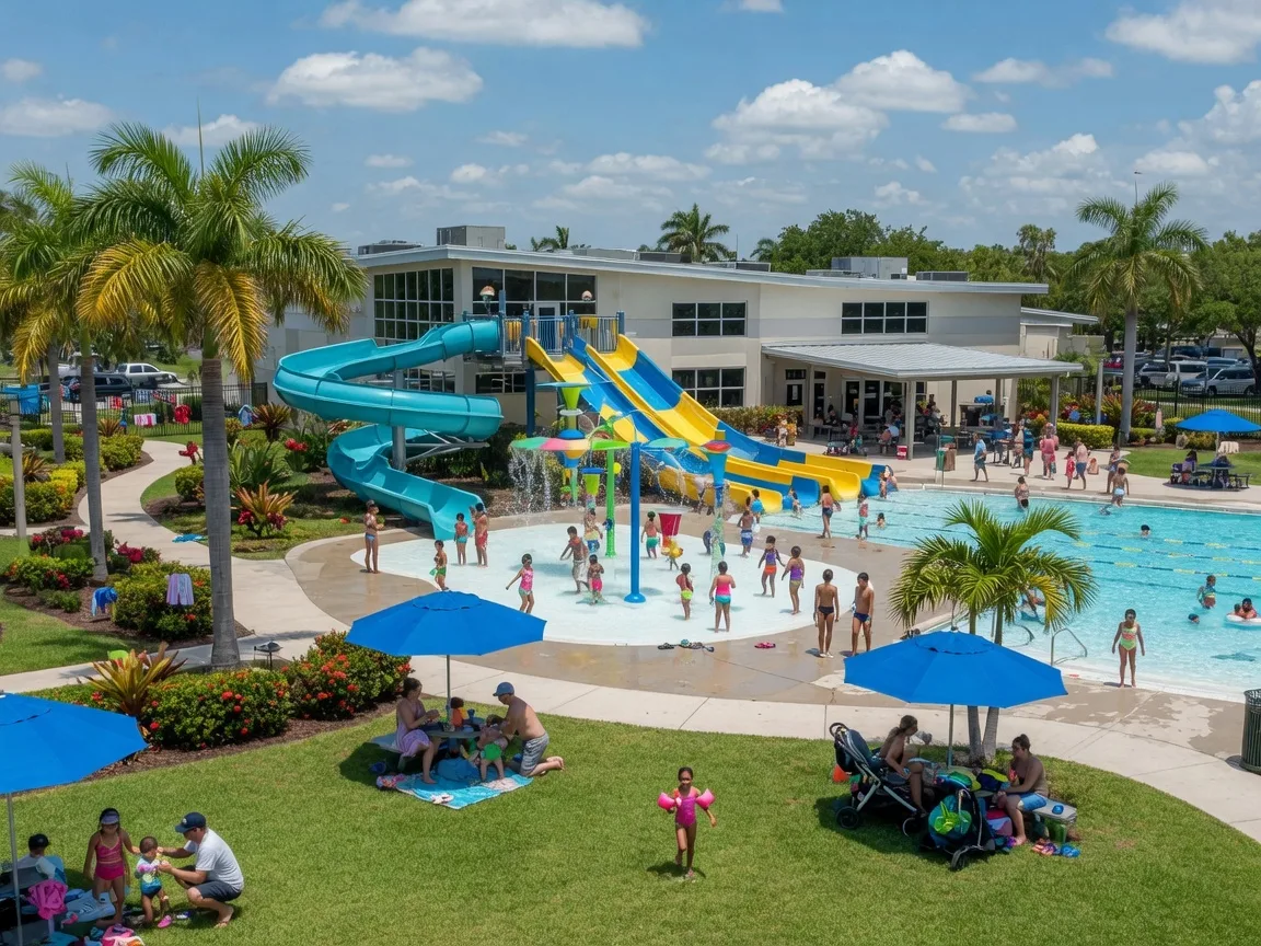 Calypso Cove aquatic facility and Margate Recreation Center with water slides, splash pads, green park space and palm trees on a sunny Florida afternoon
