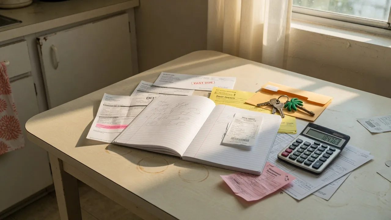 Financial documents and calculator on table with house keys