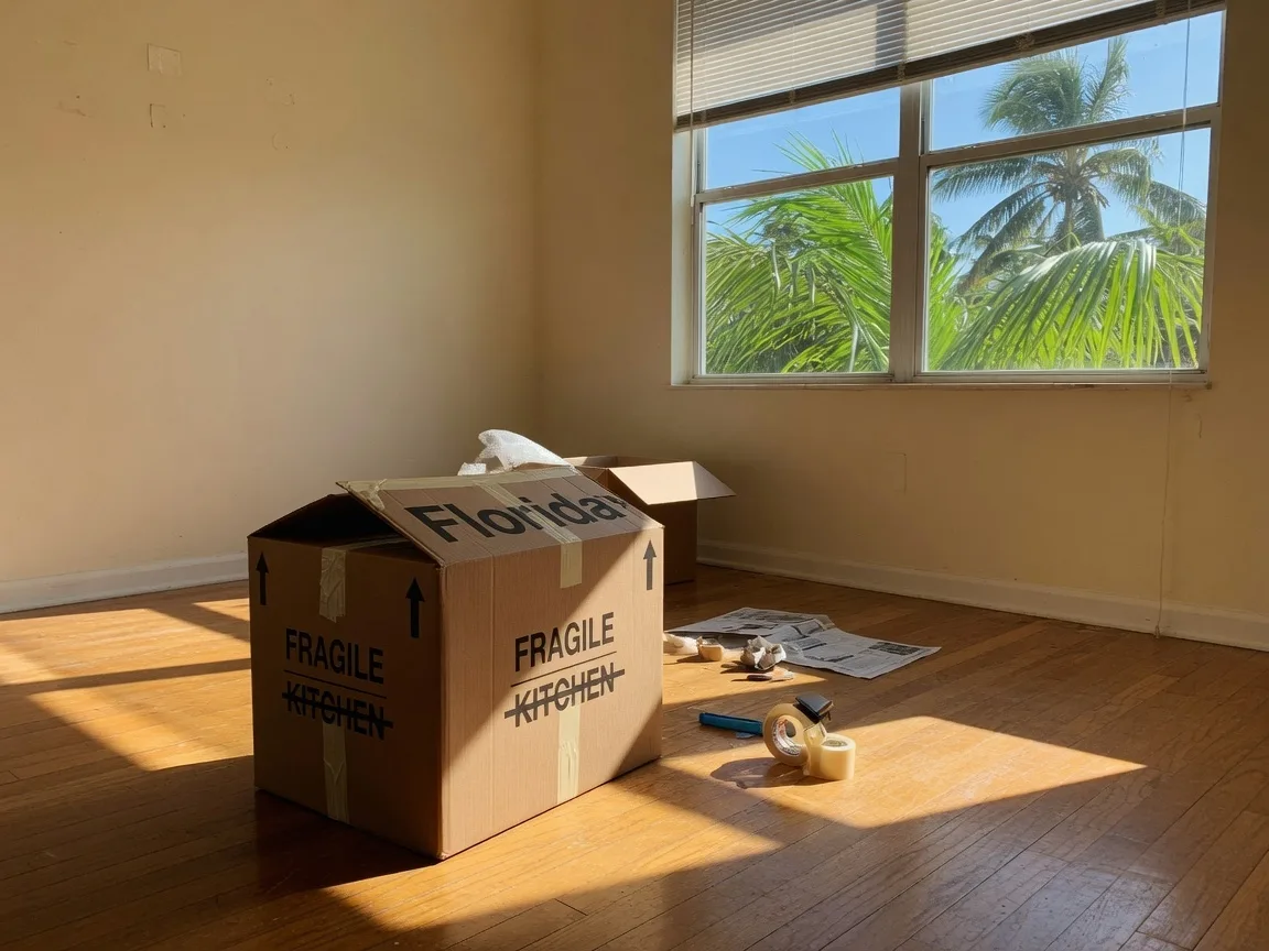 Moving boxes in a sunlit room with Florida palm trees outside